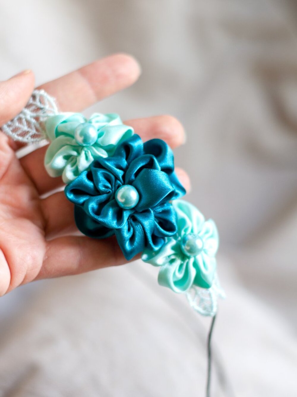 Handmade Turquoise Ribbon Flower Headband